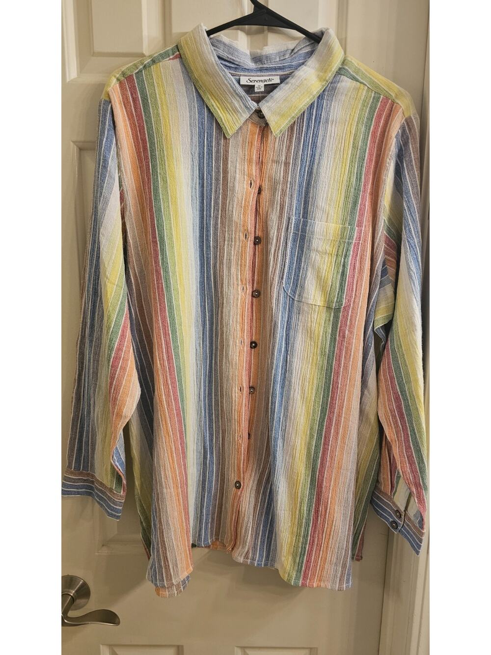 Serengeti NWOT Rainbow STriped Blouse Long Sleeve Roll tab Sz XL